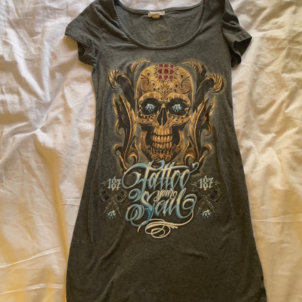 187 inc grey mini dress small with skull
